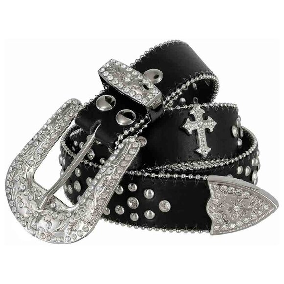 Black Cross Stones With Studs And White Stones Studded Rhinestones Belts - Picture 1 of 4
